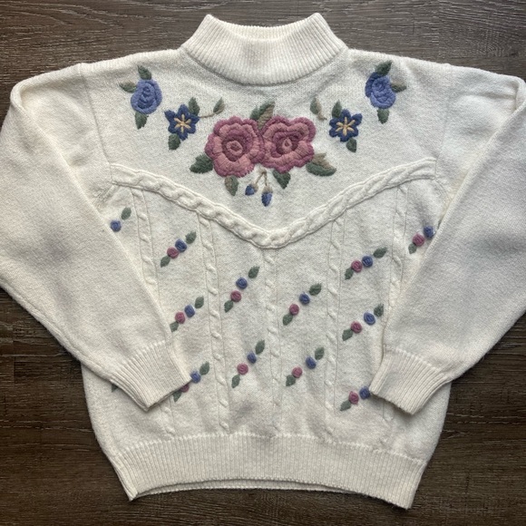 Alfred Dunner Granny Sweater Cream Floral Size Large - Picture 1 of 4